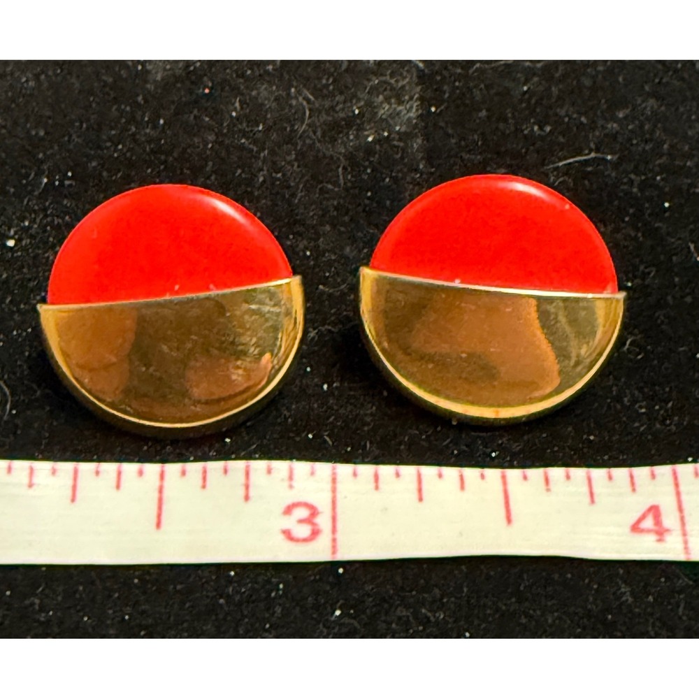 Vintage Red and Gold Geometric Round Stud Earrings Colorblock Retro‎ Post Back